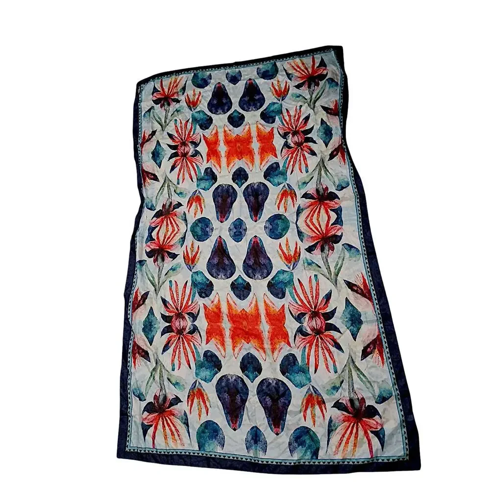 100% SILK Scarf Vietri Milano Long Wrap 41x69 Blue Colorful Modern Art Tropical